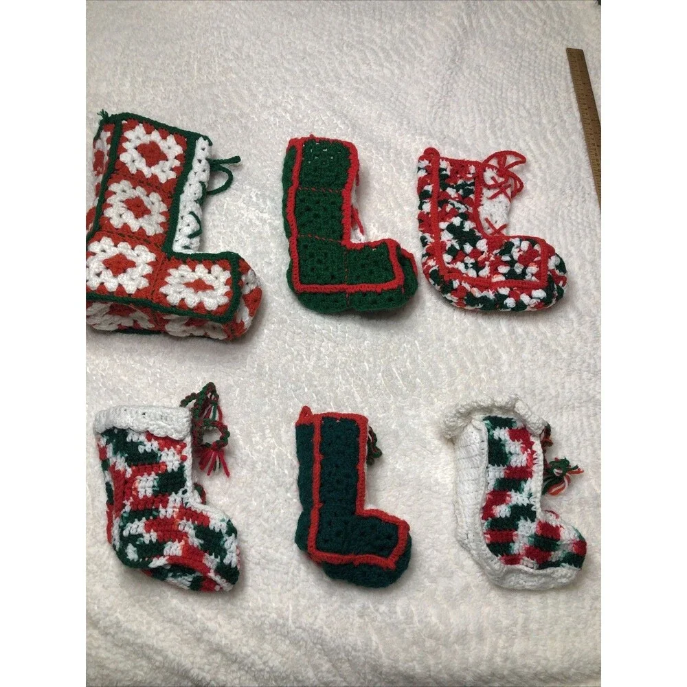 Christmas Stockings Vintage Handmade Grandma Square Crochet Red Green White 6